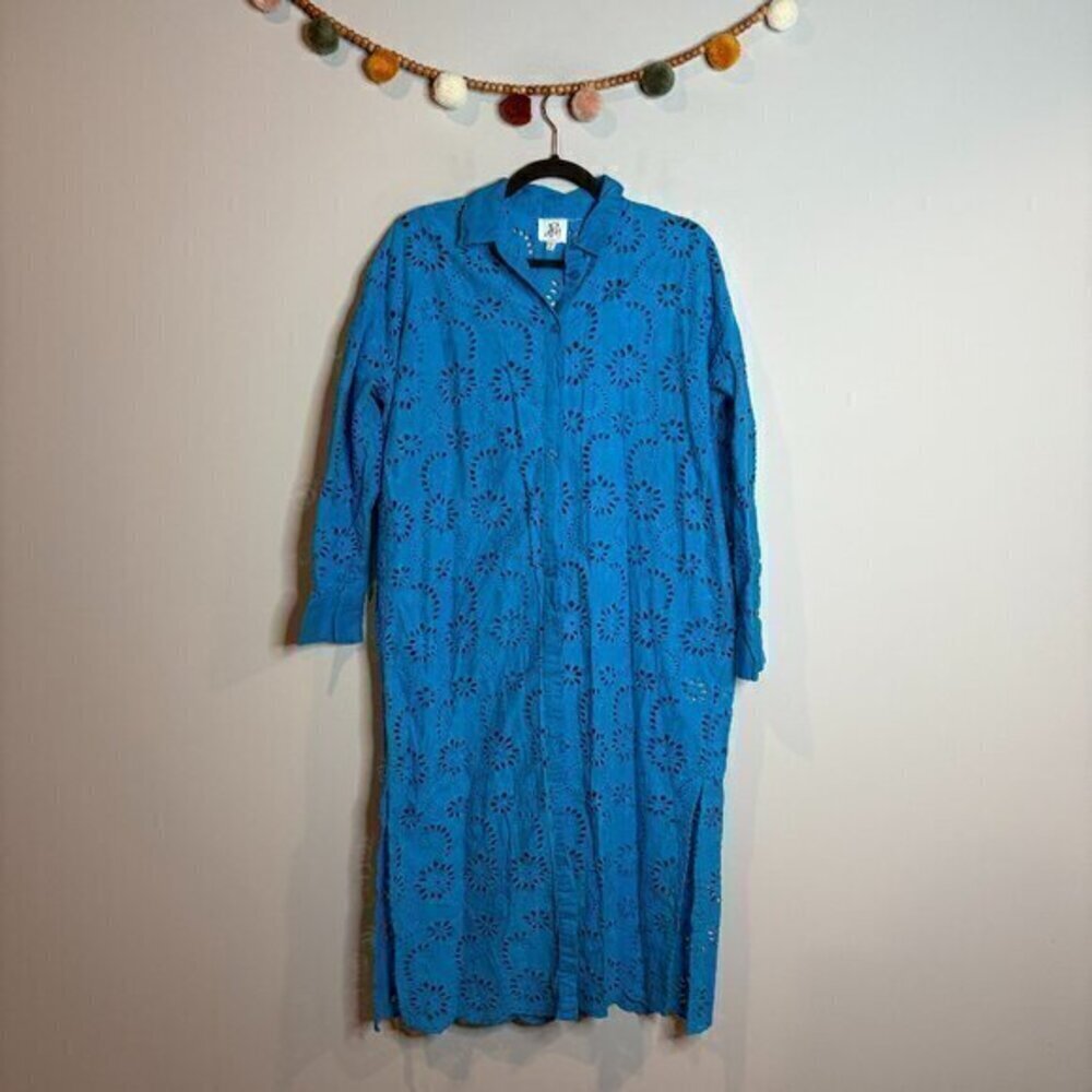 Anthropologie dRA bright blue eyelet embroidered long button down dress